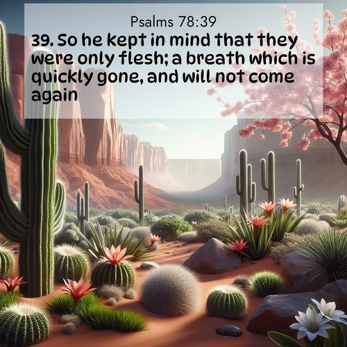 BasicEnglish Psalms  ; image nature: image with the bible verse :So he kept in mind that they were only flesh; a breath which is quickly gone, and will not come again. ; Admire Bible images representing autumn, with swirling leaves, misty skies, and vibrant trees. These images inspire profound spiritual reflection. Download and share verses like KJV Psalms 78:39. Current verse is overlayed with the thematic nature scene : Desert cacti burst with spring blooms against red sandstone formations. ; 78:39