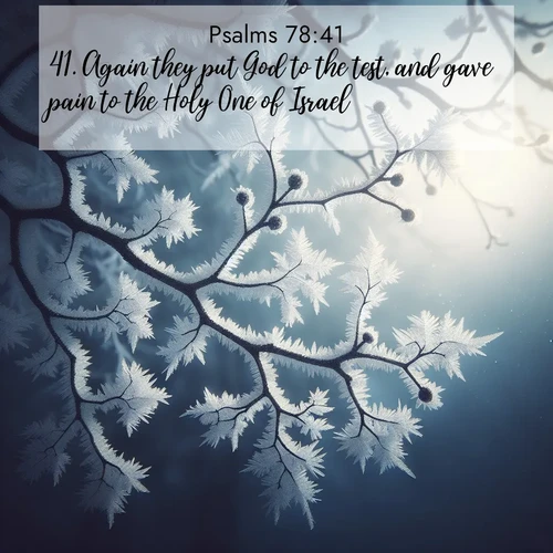 BasicEnglish Psalms  ; image nature: image with the bible verse :Again they put God to the test, and gave pain to the Holy One of Israel. ; Discover Bible images illustrated by desert landscapes, like sand dunes, majestic rocks, and starry skies. These images symbolize the grandeur and immensity of God&#039;s creation. Download verses like KJV Psalms 78:41. Current verse is overlayed with the thematic nature scene : Winter frost coats bare branches in delicate crystal. ; 78:41