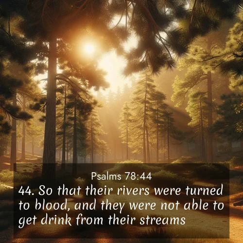 BasicEnglish Psalms  ; image nature: image with the bible verse :So that their rivers were turned to blood, and they were not able to get drink from their streams. ; Download Bible verse images featuring vibrant photos of nature, from snowy landscapes to golden deserts. These free images are perfect for phone wallpapers, desktop backgrounds, or sharing. Verses include KJV Psalms 78:44. Current verse is overlayed with the thematic nature scene : Summer heat brings out the scent of pine needles. ; 78:44
