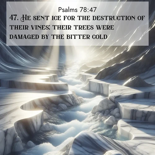 BasicEnglish Psalms  ; image nature: image with the bible verse :He sent ice for the destruction of their vines; their trees were damaged by the bitter cold. ; Browse a vast collection of Bible verse images featuring awe-inspiring landscapes such as calm lakes, vibrant sunsets, and peaceful fields. Download them for free and enjoy verses like KJV Psalms 78:47. Current verse is overlayed with the thematic nature scene : Mountain streams carve marble smooth. Sunlight dances on clear pools. ; 78:47