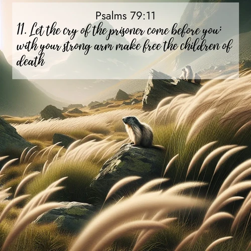 BasicEnglish Psalms  ; image nature: image with the bible verse :Let the cry of the prisoner come before you; with your strong arm make free the children of death; ; Admire stunning Bible verse images paired with photos of peaceful landscapes, such as foggy mornings, serene rivers, and blooming gardens. Download these free images and share verses like KJV Psalms 79:11. Current verse is overlayed with the thematic nature scene : Mountain meadow grasses bend in alpine wind. Marmots whistle warnings from rocky outcrops. ; 79:11