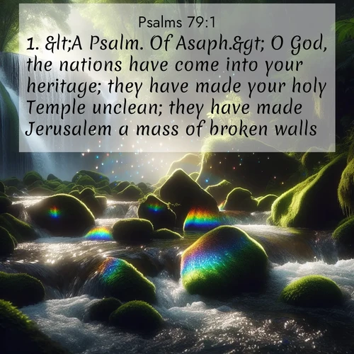 BasicEnglish Psalms  ; image nature: image with the bible verse :&amp;lt;A Psalm. Of Asaph.&amp;gt; O God, the nations have come into your heritage; they have made your holy Temple unclean; they have made Jerusalem a mass of broken walls. ; Explore an inspiring selection of Bible verse images adorned with nature photos, such as starry skies, verdant hills, and golden beaches. Each image reflects the peace and beauty of God&#039;s creation with vibrant colors and varied fonts. Share uplifting verses like KJV Psalms 79:1. Current verse is overlayed with the thematic nature scene : Rainbow prisms dance in a waterfall&#039;s spray. Moss glows emerald in filtered light. ; 79:1