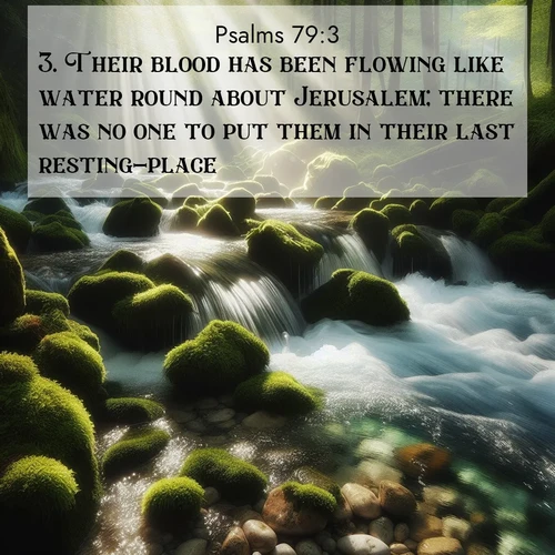 BasicEnglish Psalms  ; image nature: image with the bible verse :Their blood has been flowing like water round about Jerusalem; there was no one to put them in their last resting-place. ; Discover Bible images capturing the splendor of deserts, with golden dunes, vast skies, and peaceful oases. These landscapes highlight the grandeur and serenity of God&#039;s creation. Share verses like KJV Psalms 79:3. Current verse is overlayed with the thematic nature scene : A mountain stream tumbles through moss-covered stones. Sunlight dapples the crystal-clear water. ; 79:3