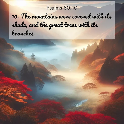 BasicEnglish Psalms  ; image nature: image with the bible verse :The mountains were covered with its shade, and the great trees with its branches. ; Download stunning Bible verse images paired with nature scenes like rolling clouds, sparkling waters, and vibrant flower fields. These free images are perfect for spiritual reflection or wallpaper use. Share KJV Psalms 80:10. Current verse is overlayed with the thematic nature scene : Autumn mist rises from a valley dotted with red and gold maples. ; 80:10