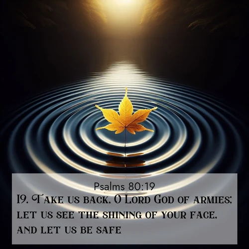 BasicEnglish Psalms  ; image nature: image with the bible verse :Take us back, O Lord God of armies; let us see the shining of your face, and let us be safe. ; Dive into our collection of Bible verse images beautifully illustrated with beach photos, featuring gentle waves, sunsets over the sea, and sandy shores. These scenes evoke the peace and majesty of God. Download and share inspiring verses like KJV Psalms 80:19. Current verse is overlayed with the thematic nature scene : A single maple leaf floats on black water. Concentric ripples spread outward into infinity. ; 80:19