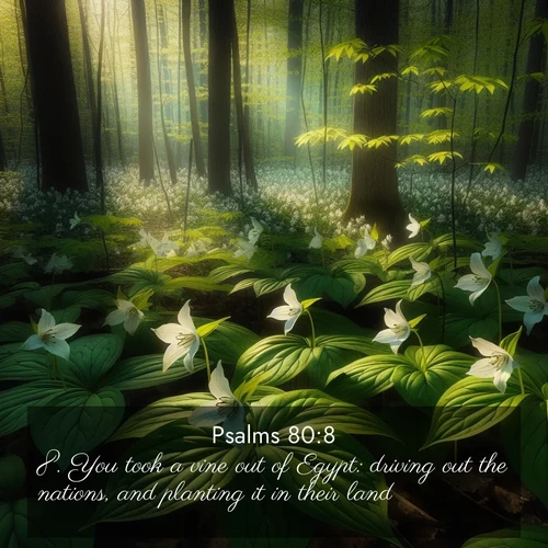 BasicEnglish Psalms  ; image nature: image with the bible verse :You took a vine out of Egypt: driving out the nations, and planting it in their land. ; Dive into our collection of Bible verses paired with breathtaking desert landscapes, featuring infinite dunes, shaded oases, and desert sunsets. These images highlight the majestic grandeur of God&#039;s creation. Download and share verses like KJV Psalms 80:8. Current verse is overlayed with the thematic nature scene : Wild trillium carpets the forest floor. Sunlight filters green through new spring leaves. ; 80:8