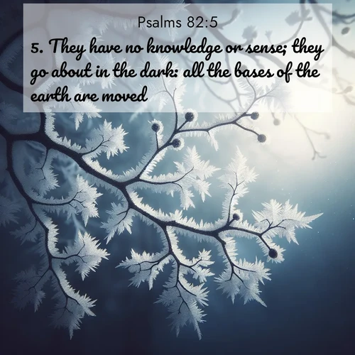 BasicEnglish Psalms  ; image nature: image with the bible verse :They have no knowledge or sense; they go about in the dark: all the bases of the earth are moved. ; Explore a stunning collection of Bible verse images featuring picturesque scenery like sun-drenched meadows, tranquil lakes, and majestic forests. All images are free to download and share. Verses include KJV Psalms 82:5. Current verse is overlayed with the thematic nature scene : Winter frost coats bare branches in delicate crystal. ; 82:5