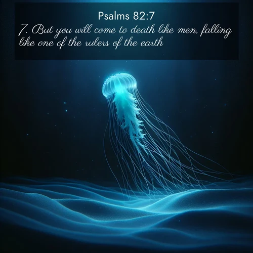 BasicEnglish Psalms  ; image nature: image with the bible verse :But you will come to death like men, falling like one of the rulers of the earth. ; Admire Bible verse images featuring tranquil rivers, golden fields, and starry heavens. These free-to-download images make inspiring wallpapers or thoughtful gifts. Download KJV Psalms 82:7 now. Current verse is overlayed with the thematic nature scene : A lone jellyfish pulses through midnight waters. Its bioluminescent tendrils paint trails of azure light in the depths. ; 82:7