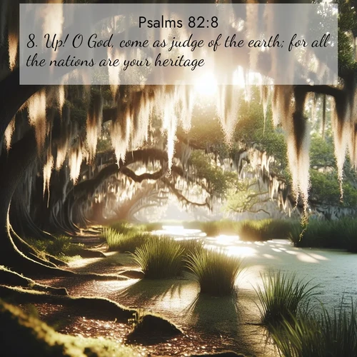 BasicEnglish Psalms  ; image nature: image with the bible verse :Up! O God, come as judge of the earth; for all the nations are your heritage. ; Admire Bible verse images illustrated by desert scenes, such as sunsets over dunes, majestic rocks, and solitary cacti. These images capture the majesty of God in arid places. Download and share verses like KJV Psalms 82:8. Current verse is overlayed with the thematic nature scene : Summer afternoon light filters through Spanish moss in a bayou. ; 82:8
