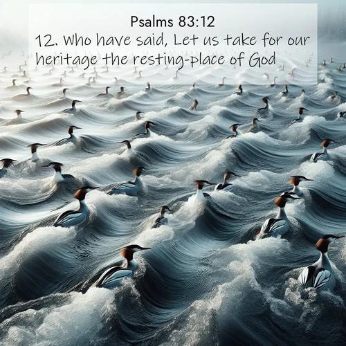 BasicEnglish Psalms  ; image nature: image with the bible verse :Who have said, Let us take for our heritage the resting-place of God. ; Explore a collection of inspiring Bible verse images accompanied by winter photos, such as snowy landscapes, frosted trees, and frozen lakes. These images reflect the peace and purity of God&#039;s creation, with elegant fonts and luminous colors. Download and share verses like KJV Psalms 83:12. Current verse is overlayed with the thematic nature scene : Wild mergansers ride river rapids. Their wakes create endless patterns. ; 83:12