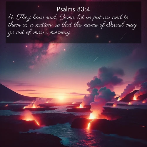 BasicEnglish Psalms  ; image nature: image with the bible verse :They have said, Come, let us put an end to them as a nation; so that the name of Israel may go out of man&#039;s memory. ; Browse our selection of stunning Bible verse images featuring unique natural scenes like fiery autumn forests, serene meadows, and starlit skies. Download and share verses like KJV Psalms 83:4 for free. Current verse is overlayed with the thematic nature scene : Lava flows meet the ocean at twilight, sending plumes of steam skyward. Stars emerge one by one above the cosmic display. ; 83:4