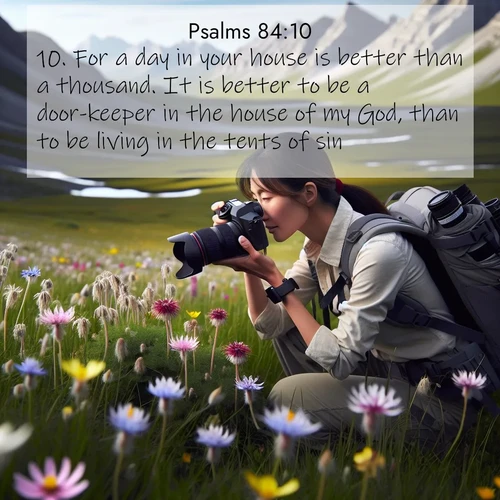 BasicEnglish Psalms  ; image nature: image with the bible verse :For a day in your house is better than a thousand. It is better to be a door-keeper in the house of my God, than to be living in the tents of sin. ; Admire Bible images representing autumn, with swirling leaves, misty skies, and vibrant trees. These images inspire profound spiritual reflection. Download and share verses like KJV Psalms 84:10. Current verse is overlayed with the thematic nature scene : A naturalist photographs rare blooms. Alpine winds toss wildflower meadows. ; 84:10