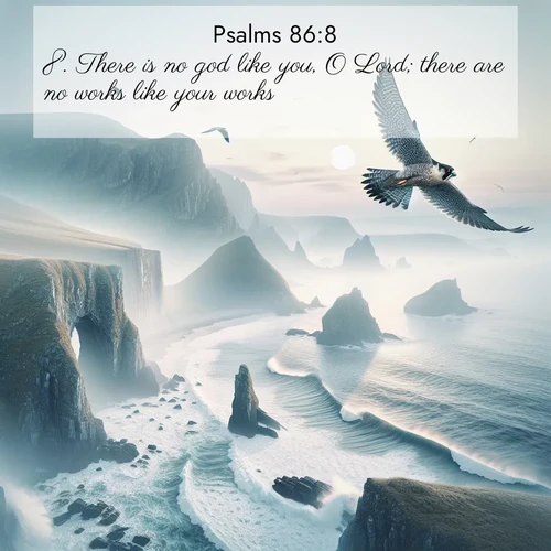 BasicEnglish Psalms  ; image nature: image with the bible verse :There is no god like you, O Lord; there are no works like your works. ; Admire our gallery of Bible verse images paired with serene nature photography, featuring starlit skies, golden sands, and blooming wildflowers. Download and share verses like KJV Psalms 86:8. Current verse is overlayed with the thematic nature scene : A peregrine falcon rides thermal currents above coastal cliffs. Waves crash endlessly against the rocks below. ; 86:8