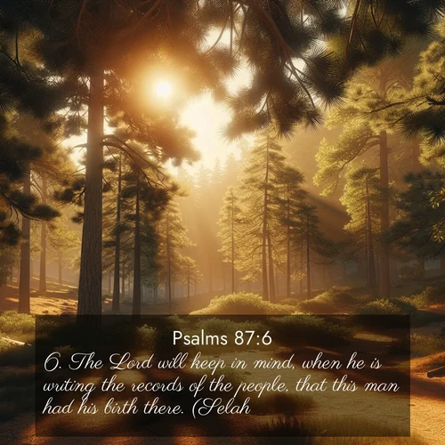 BasicEnglish Psalms  ; image nature: image with the bible verse :The Lord will keep in mind, when he is writing the records of the people, that this man had his birth there. (Selah.) ; Explore an inspiring selection of Bible verse images adorned with nature photos, such as starry skies, verdant hills, and golden beaches. Each image reflects the peace and beauty of God&#039;s creation with vibrant colors and varied fonts. Share uplifting verses like KJV Psalms 87:6. Current verse is overlayed with the thematic nature scene : Summer heat brings out the scent of pine needles. ; 87:6