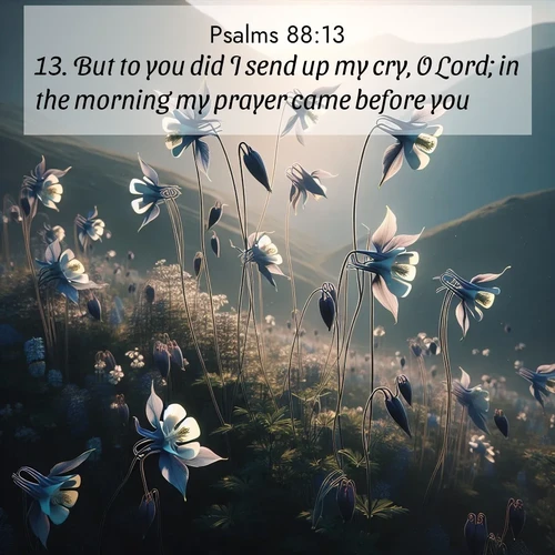 BasicEnglish Psalms  ; image nature: image with the bible verse :But to you did I send up my cry, O Lord; in the morning my prayer came before you. ; Admire Bible images representing autumn, with swirling leaves, misty skies, and vibrant trees. These images inspire profound spiritual reflection. Download and share verses like KJV Psalms 88:13. Current verse is overlayed with the thematic nature scene : Wild columbines dance on impossibly thin stems. Mountain breezes carry their perfume. ; 88:13