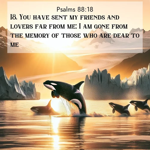 BasicEnglish Psalms  ; image nature: image with the bible verse :You have sent my friends and lovers far from me; I am gone from the memory of those who are dear to me. ; Browse a vast collection of Bible verse images featuring awe-inspiring landscapes such as calm lakes, vibrant sunsets, and peaceful fields. Download them for free and enjoy verses like KJV Psalms 88:18. Current verse is overlayed with the thematic nature scene : Wild orcas breach in sunset-painted waters. Their splashes echo off glacier walls. ; 88:18