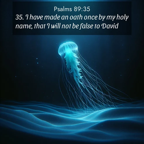BasicEnglish Psalms  ; image nature: image with the bible verse :I have made an oath once by my holy name, that I will not be false to David. ; Discover Bible images capturing the essence of autumn, with wooded paths, golden fields, and swirling leaves. These scenes reflect the changing beauty of God&#039;s creation. Download verses like KJV Psalms 89:35. Current verse is overlayed with the thematic nature scene : A lone jellyfish pulses through midnight waters. Its bioluminescent tendrils paint trails of azure light in the depths. ; 89:35