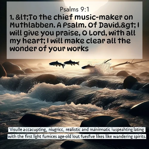 BasicEnglish Psalms  ; image nature: image with the bible verse :&amp;lt;To the chief music-maker on Muthlabben. A Psalm. Of David.&amp;gt; I will give you praise, O Lord, with all my heart; I will make clear all the wonder of your works. ; Admire Bible images evoking autumn, with warm colors of fallen leaves, harvested fields, and tranquil woods. These inspiring landscapes reflect the transition and beauty of God&#039;s creation. Download verses like KJV Psalms 9:1. Current verse is overlayed with the thematic nature scene : Wild salmon leap ancient rapids. Mist rises like spirits at dawn. ; 9:1