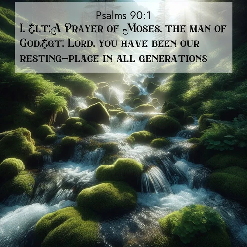 BasicEnglish Psalms  ; image nature: image with the bible verse :&amp;lt;A Prayer of Moses, the man of God.&amp;gt; Lord, you have been our resting-place in all generations. ; Download Bible verse images featuring vibrant photos of nature, from snowy landscapes to golden deserts. These free images are perfect for phone wallpapers, desktop backgrounds, or sharing. Verses include KJV Psalms 90:1. Current verse is overlayed with the thematic nature scene : Mountain streams tumble through moss. Sunlight creates crystal prisms. ; 90:1