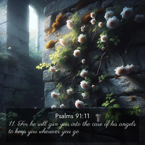BasicEnglish Psalms  ; image nature: image with the bible verse :For he will give you into the care of his angels to keep you wherever you go. ; Explore an exceptional collection of Bible verse images accompanied by photos of nature, showcasing snowy mountains, serene forests, and still lakes. These images feature luminous tones and varied fonts to bring serenity and inspiration. Share uplifting verses like KJV Psalms 91:11. Current verse is overlayed with the thematic nature scene : Wild roses climb abandoned stone walls. Time stands still in the secret garden. ; 91:11