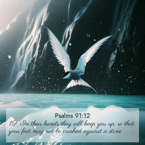 BasicEnglish Psalms  ; image nature: image with the bible verse :In their hands they will keep you up, so that your foot may not be crushed against a stone. ; Discover Bible verses beautifully integrated with natural scenes of varied seasons, featuring summer skies, winter snow, autumn leaves, and spring blooms. Each image captures the splendor and peace of God&#039;s creation. Share verses like KJV Psalms 91:12. Current verse is overlayed with the thematic nature scene : Arctic terns dive through sea spray above turquoise glacial meltwater. Their white wings flash silver against obsidian cliffs. ; 91:12