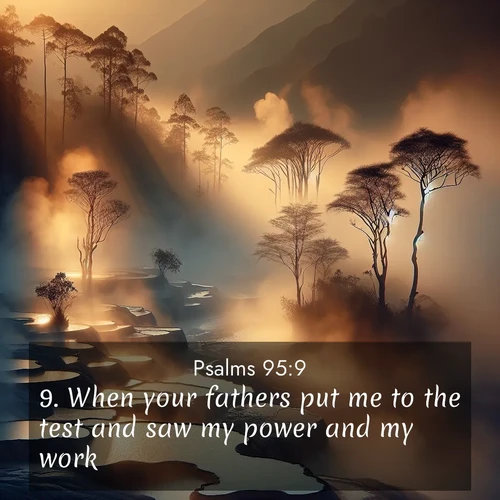 BasicEnglish Psalms  ; image nature: image with the bible verse :When your fathers put me to the test and saw my power and my work. ; Download Bible verse images paired with breathtaking nature photos like golden deserts, shimmering seas, and blossoming orchards. These high-quality, free images are perfect for wallpapers or sharing. Verses include KJV Psalms 95:9. Current verse is overlayed with the thematic nature scene : Morning mist rises from thermal pools. Steam dragons dance in golden light. ; 95:9