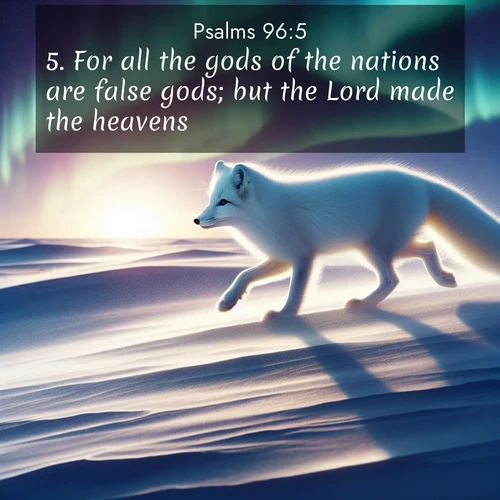 BasicEnglish Psalms  ; image nature: image with the bible verse :For all the gods of the nations are false gods; but the Lord made the heavens. ; Download Bible verse images paired with breathtaking nature photos like golden deserts, shimmering seas, and blossoming orchards. These high-quality, free images are perfect for wallpapers or sharing. Verses include KJV Psalms 96:5. Current verse is overlayed with the thematic nature scene : An arctic fox hunts across windswept tundra. Northern lights paint its white coat in pastels. ; 96:5