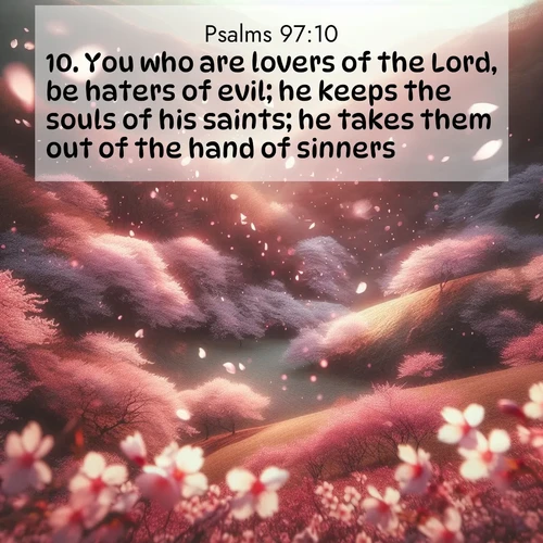 BasicEnglish Psalms  ; image nature: image with the bible verse :You who are lovers of the Lord, be haters of evil; he keeps the souls of his saints; he takes them out of the hand of sinners. ; Admire our gallery of Bible verse images showcasing divine beauty in nature—whether snowy peaks or serene oceans. Each image is freely downloadable and perfect for personal or spiritual use. Share verses like KJV Psalms 97:10. Current verse is overlayed with the thematic nature scene : Cherry blossoms blanket the hillside in soft pink snow, swirling through the air like nature&#039;s confetti. ; 97:10