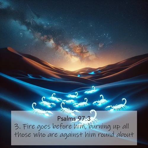 BasicEnglish Psalms  ; image nature: image with the bible verse :Fire goes before him, burning up all those who are against him round about. ; Download Bible verse images paired with breathtaking nature photos like golden deserts, shimmering seas, and blossoming orchards. These high-quality, free images are perfect for wallpapers or sharing. Verses include KJV Psalms 97:3. Current verse is overlayed with the thematic nature scene : Desert scorpions glow under black light. Stars wheel in infinite darkness. ; 97:3