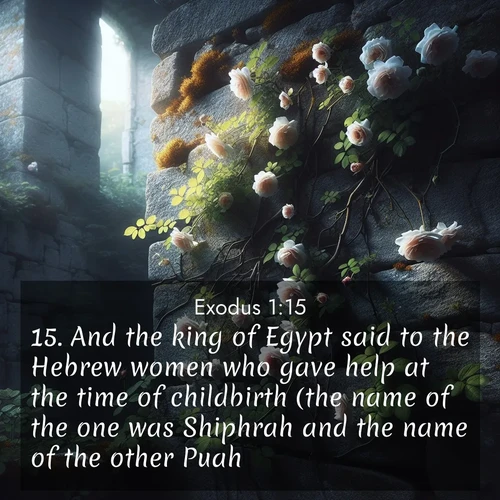 BasicEnglish Exodus  ; image nature: image with the bible verse :And the king of Egypt said to the Hebrew women who gave help at the time of childbirth (the name of the one was Shiphrah and the name of the other Puah), ; Dive into our collection of Bible verse images combined with sublime nature photos, such as graceful waterfalls, radiant sunsets, and endless meadows. These compositions highlight the peace and harmony of God&#039;s creation with vivid colors and carefully integrated text. Download and share verses like KJV Exodus 1:15. Current verse is overlayed with the thematic nature scene : Wild roses climb abandoned stone walls. Time stands still in the secret garden. ; 1:15