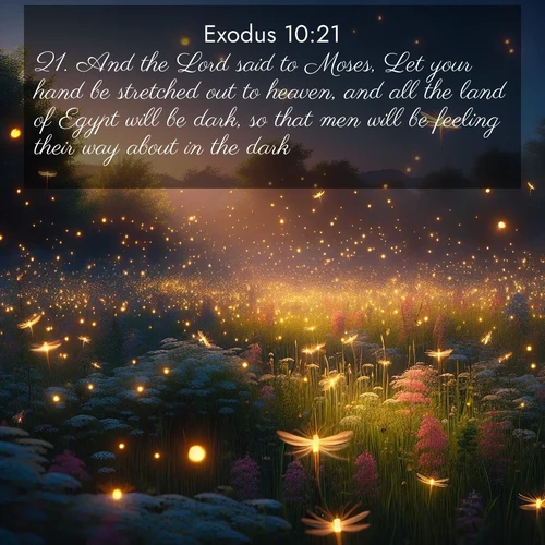 BasicEnglish Exodus  ; image nature: image with the bible verse :And the Lord said to Moses, Let your hand be stretched out to heaven, and all the land of Egypt will be dark, so that men will be feeling their way about in the dark. ; Explore our vast collection of images featuring beautifully illustrated Bible verses accompanied by nature photos. Discover inspiring and motivating verses paired with soothing landscapes, like shimmering lakes, majestic mountains, and lush forests. Our images highlight the peaceful beauty of God&#039;s creation with vibrant colors and varied fonts. Download and share verse images like KJV Exodus 10:21. Current verse is overlayed with the thematic nature scene : Fireflies dance above a spring meadow filled with singing crickets. ; 10:21