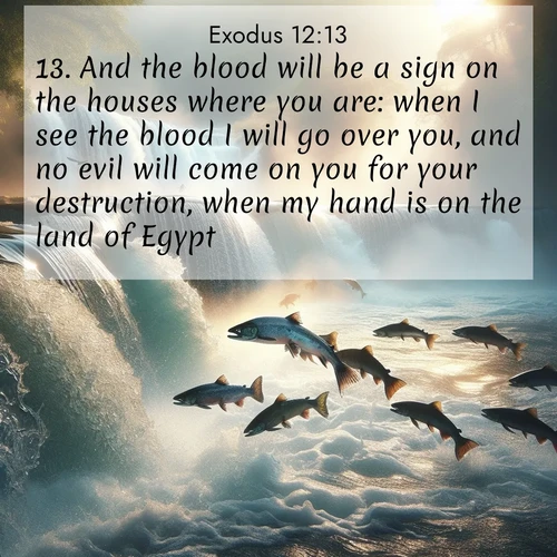 BBE Exodus 12:13 overlaying nature image scene: Wild salmon leap ancient waterfalls. Mist rises like spirits in morning light.;13. And the blood will be a sign on the houses where you are: when I see the blood I will go over you, and no evil will come on you for your destruction, when my hand is on the land of Egypt.