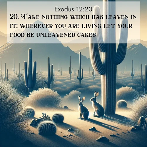 BBE Exodus 12:20 overlaying nature image scene: Desert jackrabbits pause in saguaro shade. Heat waves distort distant peaks.;20. Take nothing which has leaven in it; wherever you are living let your food be unleavened cakes.