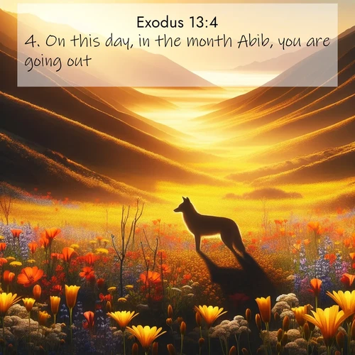 BasicEnglish Exodus  ; image nature: image with the bible verse :On this day, in the month Abib, you are going out. ; Browse our library of beautiful Bible verse images, perfect for wallpapers or sharing. Each verse is paired with serene natural landscapes like misty mountains, calming beaches, and colorful sunsets. Download and enjoy verses such as KJV Exodus 13:4. Current verse is overlayed with the thematic nature scene : Spring wildflowers carpet Death Valley in gold. A coyote&#039;s silhouette melts into the blooms. ; 13:4