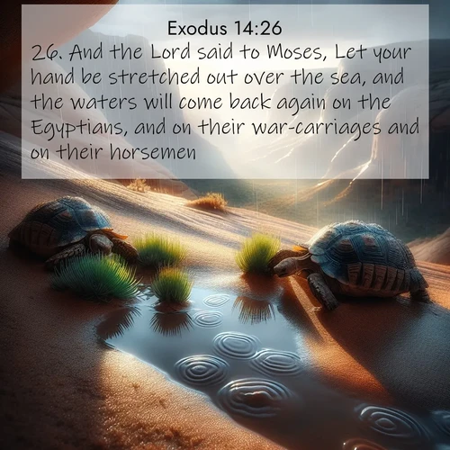 BasicEnglish Exodus  ; image nature: image with the bible verse :And the Lord said to Moses, Let your hand be stretched out over the sea, and the waters will come back again on the Egyptians, and on their war-carriages and on their horsemen. ; Explore a stunning collection of Bible verse images featuring picturesque scenery like sun-drenched meadows, tranquil lakes, and majestic forests. All images are free to download and share. Verses include KJV Exodus 14:26. Current verse is overlayed with the thematic nature scene : Desert tortoises emerge after summer rains. Thunder echoes through hidden canyons. ; 14:26