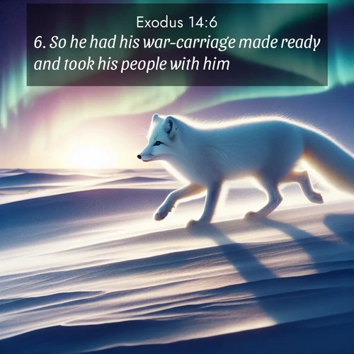 BasicEnglish Exodus  ; image nature: image with the bible verse :So he had his war-carriage made ready and took his people with him: ; Admire Bible verse images featuring tranquil rivers, golden fields, and starry heavens. These free-to-download images make inspiring wallpapers or thoughtful gifts. Download KJV Exodus 14:6 now. Current verse is overlayed with the thematic nature scene : An arctic fox hunts across windswept tundra. Northern lights paint its white coat in pastels. ; 14:6