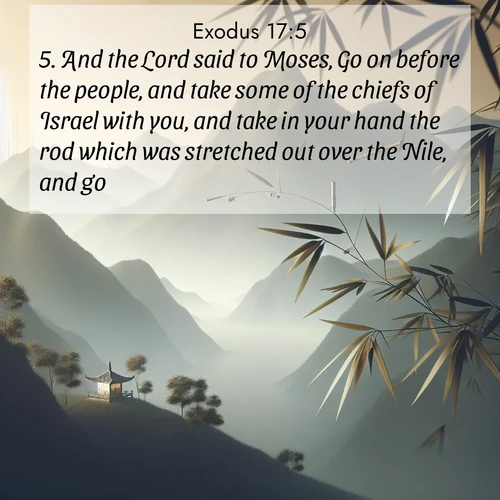 BasicEnglish Exodus  ; image nature: image with the bible verse :And the Lord said to Moses, Go on before the people, and take some of the chiefs of Israel with you, and take in your hand the rod which was stretched out over the Nile, and go. ; Explore serene Bible verse images adorned with photos of divine creation—tranquil beaches, snowy mountains, and starry skies. Each image is free to download and share. Verses include KJV Exodus 17:5. Current verse is overlayed with the thematic nature scene : Bamboo leaves whisper secrets in mountain wind. A temple bell rings in the distance. ; 17:5