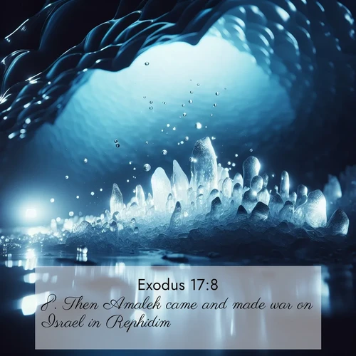 BasicEnglish Exodus  ; image nature: image with the bible verse :Then Amalek came and made war on Israel in Rephidim. ; Browse a vast collection of Bible verse images featuring awe-inspiring landscapes such as calm lakes, vibrant sunsets, and peaceful fields. Download them for free and enjoy verses like KJV Exodus 17:8. Current verse is overlayed with the thematic nature scene : Ice caves glow with ethereal blue light. Water drops create crystalline music. ; 17:8