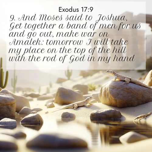 BasicEnglish Exodus  ; image nature: image with the bible verse :And Moses said to Joshua, Get together a band of men for us and go out, make war on Amalek: tomorrow I will take my place on the top of the hill with the rod of God in my hand. ; Discover tranquil Bible verse images enhanced with natural scenery like rippling brooks, snow-covered fields, and sunlit beaches. These free images are perfect for wallpapers or spiritual reflection. Share KJV Exodus 17:9. Current verse is overlayed with the thematic nature scene : Desert lizards bask on sun-warmed rocks near ancient ruins. ; 17:9