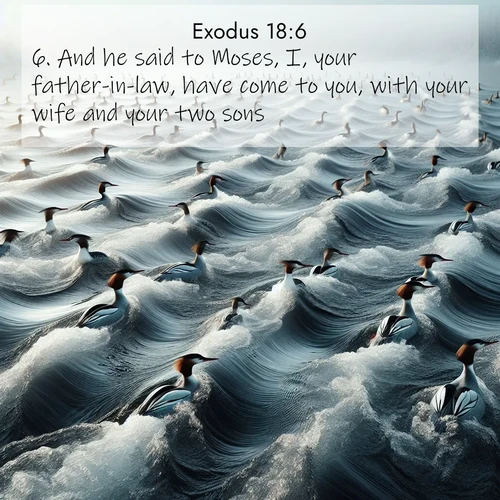 BasicEnglish Exodus  ; image nature: image with the bible verse :And he said to Moses, I, your father-in-law, have come to you, with your wife and your two sons. ; Explore a collection of Bible verses paired with springtime scenes, featuring blooming flowers, lush meadows, and trees in full bloom. These images symbolize divine renewal and hope. Download inspiring verses like KJV Exodus 18:6. Current verse is overlayed with the thematic nature scene : Wild mergansers ride river rapids. Their wakes create endless patterns. ; 18:6
