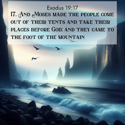 BBE Exodus 19:17 overlaying nature image scene: Ocean waves crash against volcanic cliffs as seabirds wheel overhead, creating momentary rainbows.;17. And Moses made the people come out of their tents and take their places before God; and they came to the foot of the mountain,