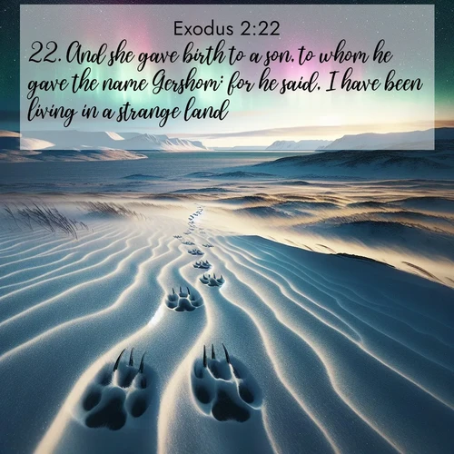 BBE Exodus 2:22 overlaying nature image scene: Arctic fox tracks cross windswept tundra. Northern lights pulse overhead in cosmic rhythm.;22. And she gave birth to a son, to whom he gave the name Gershom: for he said, I have been living in a strange land.