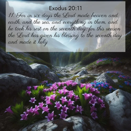 BasicEnglish Exodus  ; image nature: image with the bible verse :For in six days the Lord made heaven and earth, and the sea, and everything in them, and he took his rest on the seventh day: for this reason the Lord has given his blessing to the seventh day and made it holy. ; Explore a collection of free Bible verse images paired with serene landscapes like golden beaches, verdant forests, and clear blue skies. Each image is ideal for desktop or phone wallpapers. Share verses like KJV Exodus 20:11. Current verse is overlayed with the thematic nature scene : Alpine gentians bloom in rocky crevices. Summer storms gather above treeline. ; 20:11