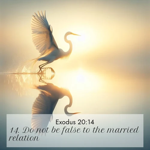 BasicEnglish Exodus  ; image nature: image with the bible verse :Do not be false to the married relation. ; Explore our vast collection of images featuring beautifully illustrated Bible verses accompanied by nature photos. Discover inspiring and motivating verses paired with soothing landscapes, like shimmering lakes, majestic mountains, and lush forests. Our images highlight the peaceful beauty of God&#039;s creation with vibrant colors and varied fonts. Download and share verse images like KJV Exodus 20:14. Current verse is overlayed with the thematic nature scene : A great egret lifts from mirror-still water. Sunrise sets its wings ablaze. ; 20:14