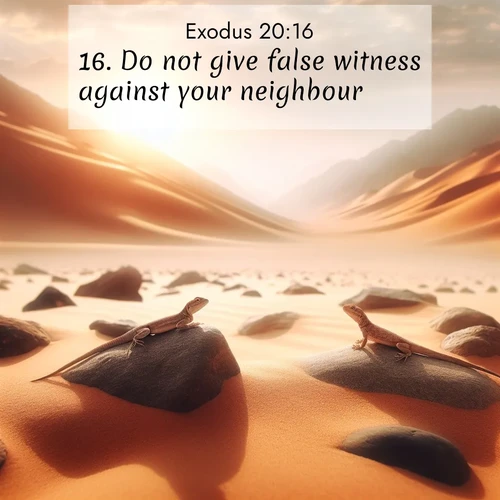 BasicEnglish Exodus  ; image nature: image with the bible verse :Do not give false witness against your neighbour. ; Explore an inspiring selection of Bible verse images adorned with nature photos, such as starry skies, verdant hills, and golden beaches. Each image reflects the peace and beauty of God&#039;s creation with vibrant colors and varied fonts. Share uplifting verses like KJV Exodus 20:16. Current verse is overlayed with the thematic nature scene : Desert lizards bask on sun-hot rocks. Heat mirages dance like water. ; 20:16