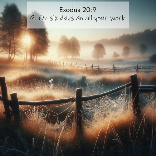 BasicEnglish Exodus  ; image nature: image with the bible verse :On six days do all your work: ; Explore a stunning collection of Bible verse images featuring picturesque scenery like sun-drenched meadows, tranquil lakes, and majestic forests. All images are free to download and share. Verses include KJV Exodus 20:9. Current verse is overlayed with the thematic nature scene : Morning frost coats spider webs stretched between fence posts in a country meadow. ; 20:9