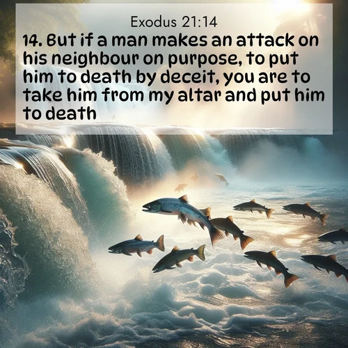 BBE Exodus 21:14 overlaying nature image scene: Wild salmon leap ancient waterfalls. Mist rises like spirits in morning light.;14. But if a man makes an attack on his neighbour on purpose, to put him to death by deceit, you are to take him from my altar and put him to death.
