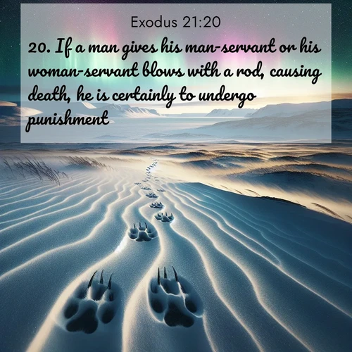 BBE Exodus 21:20 overlaying nature image scene: Arctic fox tracks cross windswept tundra. Northern lights pulse overhead in cosmic rhythm.;20. If a man gives his man-servant or his woman-servant blows with a rod, causing death, he is certainly to undergo punishment.