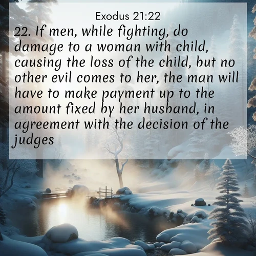 BBE Exodus 21:22 overlaying nature image scene: Morning mist rises from a hot spring in a snow-covered forest.;22. If men, while fighting, do damage to a woman with child, causing the loss of the child, but no other evil comes to her, the man will have to make payment up to the amount fixed by her husband, in agreement with the decision of the judges.