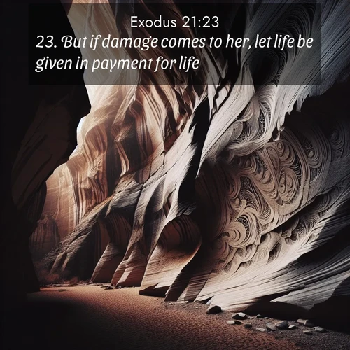 BBE Exodus 21:23 overlaying nature image scene: Desert varnish stains canyon walls. Ancient stories weather in stone.;23. But if damage comes to her, let life be given in payment for life,